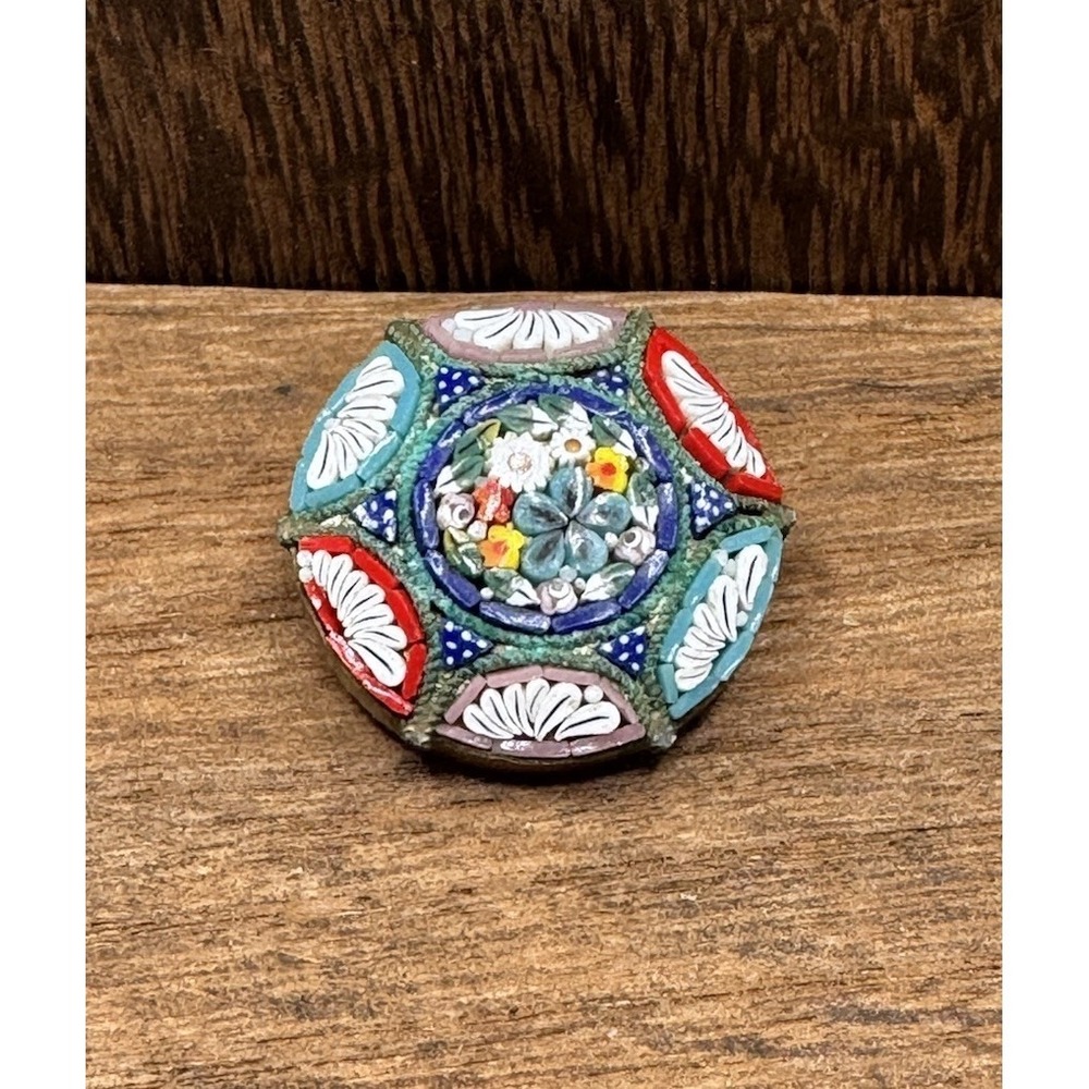 Antique Vintage Victorian Italian Micro Mosaic Floral Brooch Round Italy 1"